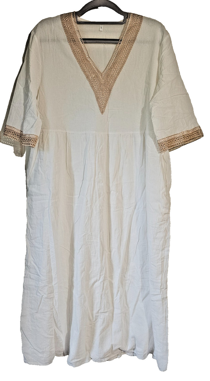 Womens L White Boho Maxi Dress Gold Crochet Trim V Neck 3/4 Sleeve NWOT